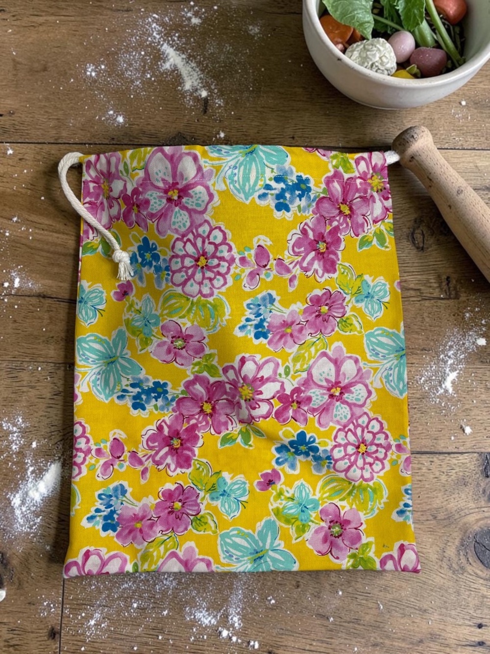 Floral Yellow Flower Bread Bag, Organic Reusable Cotton Sourdough Bread Bag